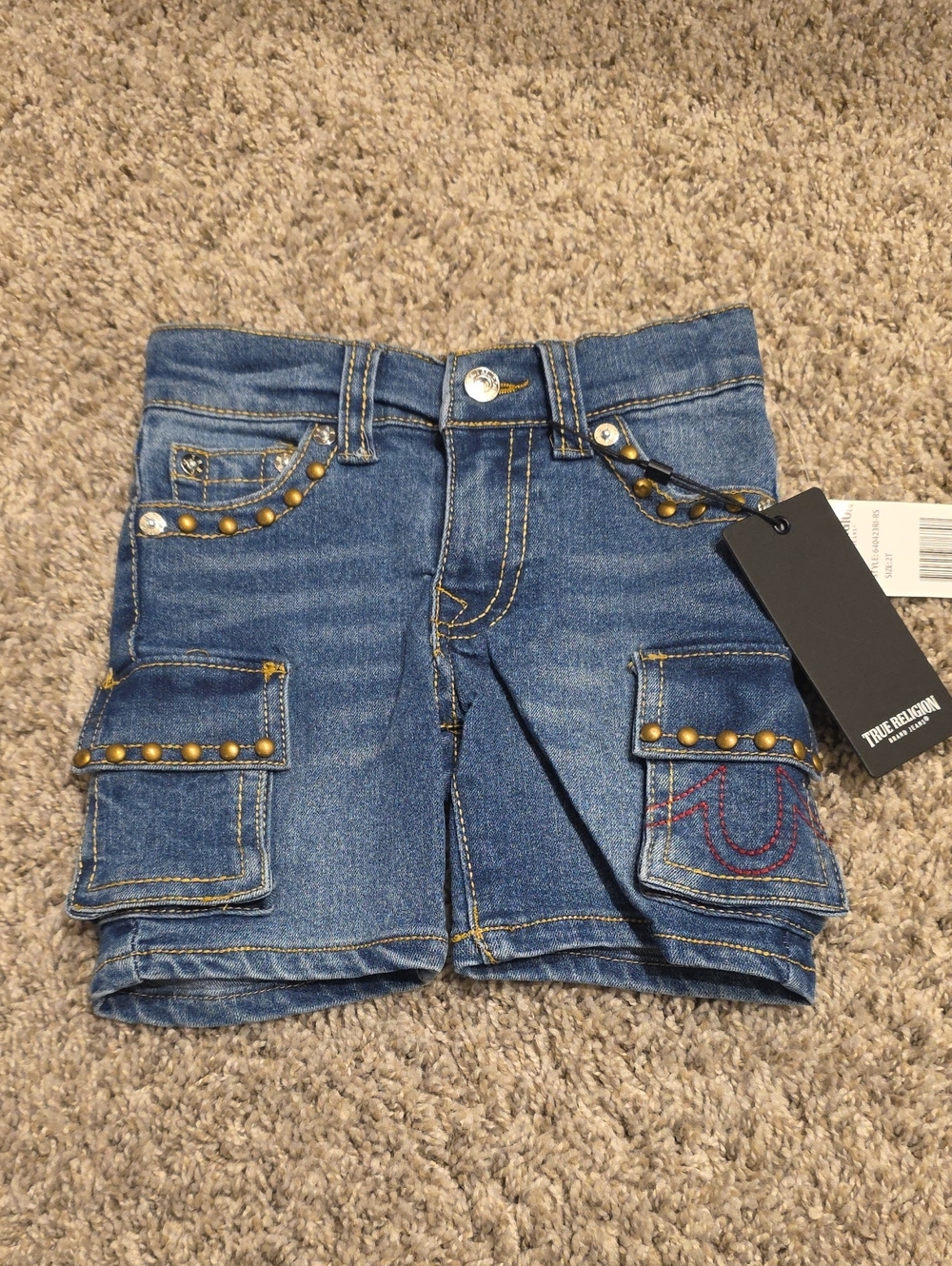 True Religion Girls Blue Denim Studded Cargo Shorts